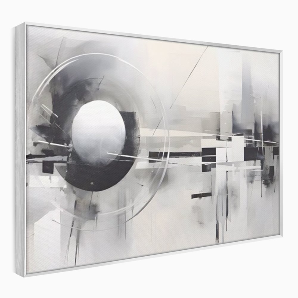 Tablou canvas cu pictura abstracta cu sfera si cercuri, in rama de aluminiu argintiu